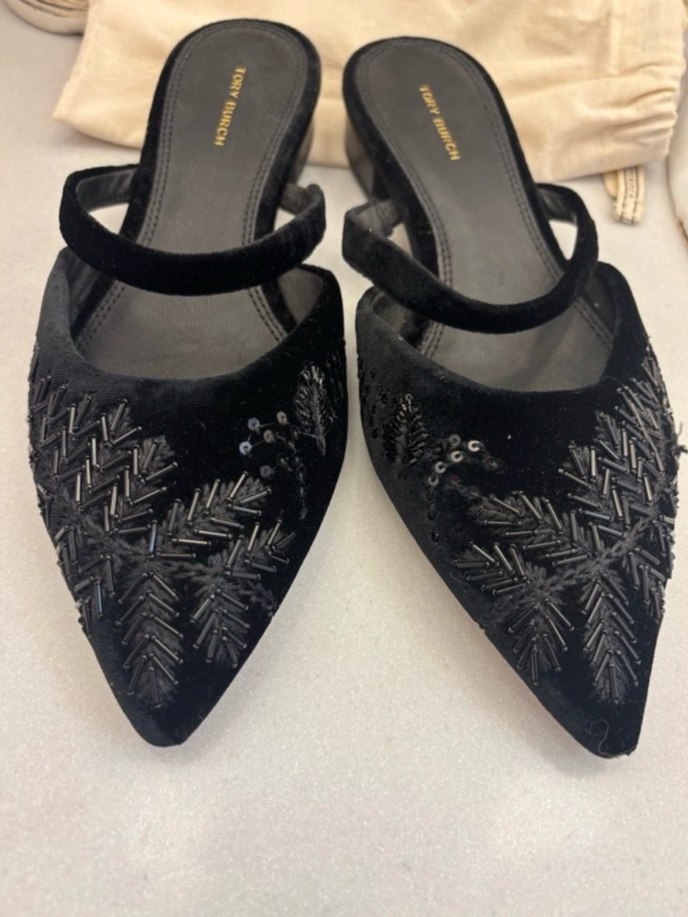 Tory Burch Black Velvet Pointed-Toe Beaded Mules - Picture 10 of 10